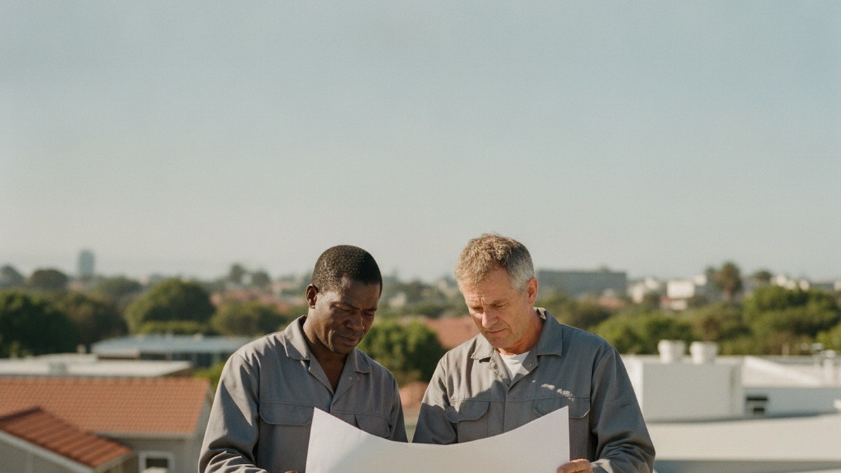 Waterproofing contractor reviewing a roof plan on site in Cape Town