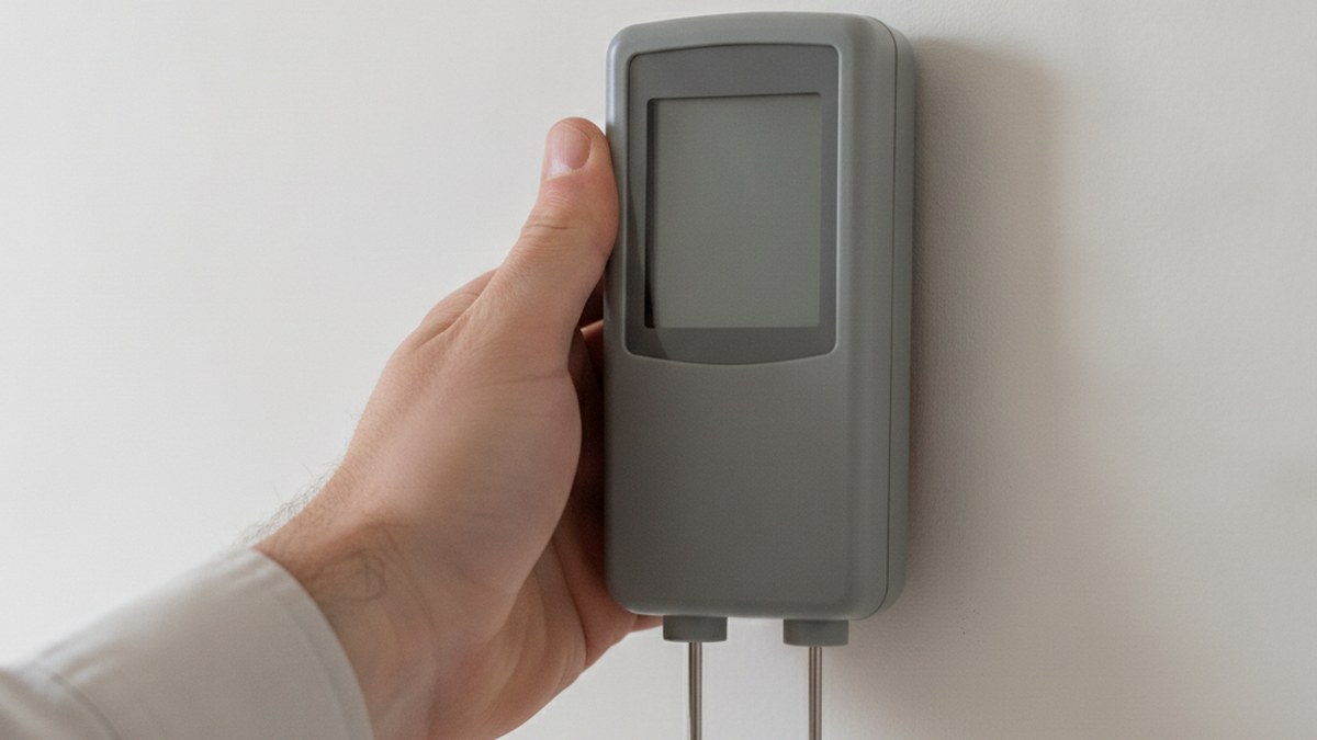 Moisture meter being used to take a reading on an interior plastered wall