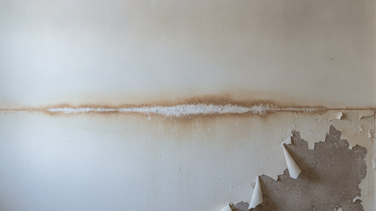 Interior wall showing a rising damp tide mark with salt bloom and blown plaster