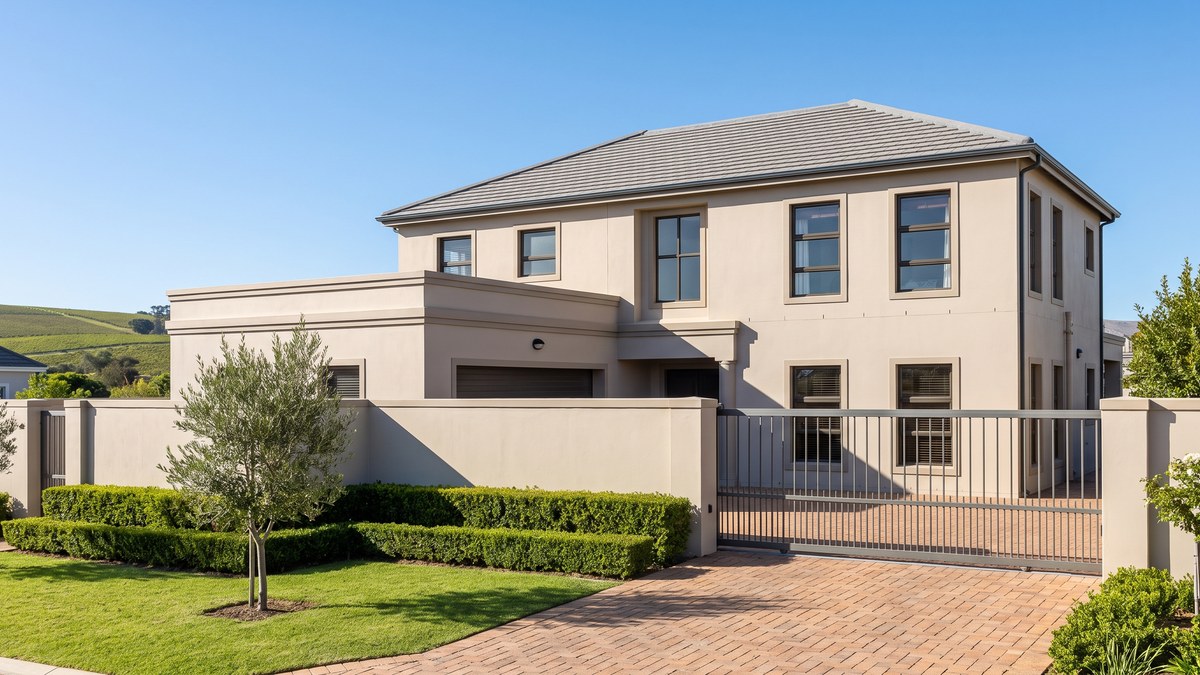 Plastered estate house in Durbanville with a flat parapet-edged garage roof and boundary wall