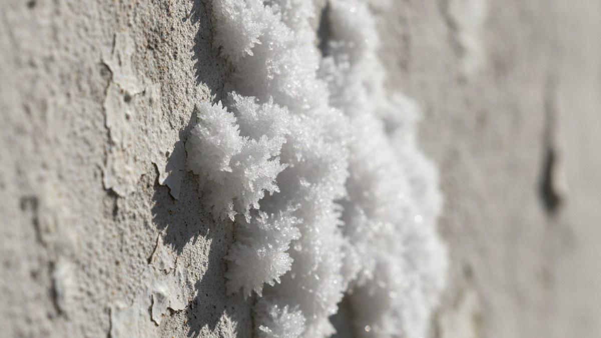 White crystalline efflorescence deposits on the surface of a brick wall