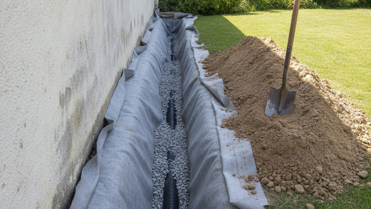 Excavated french drain trench lined with geotextile, slotted pipe and washed stone