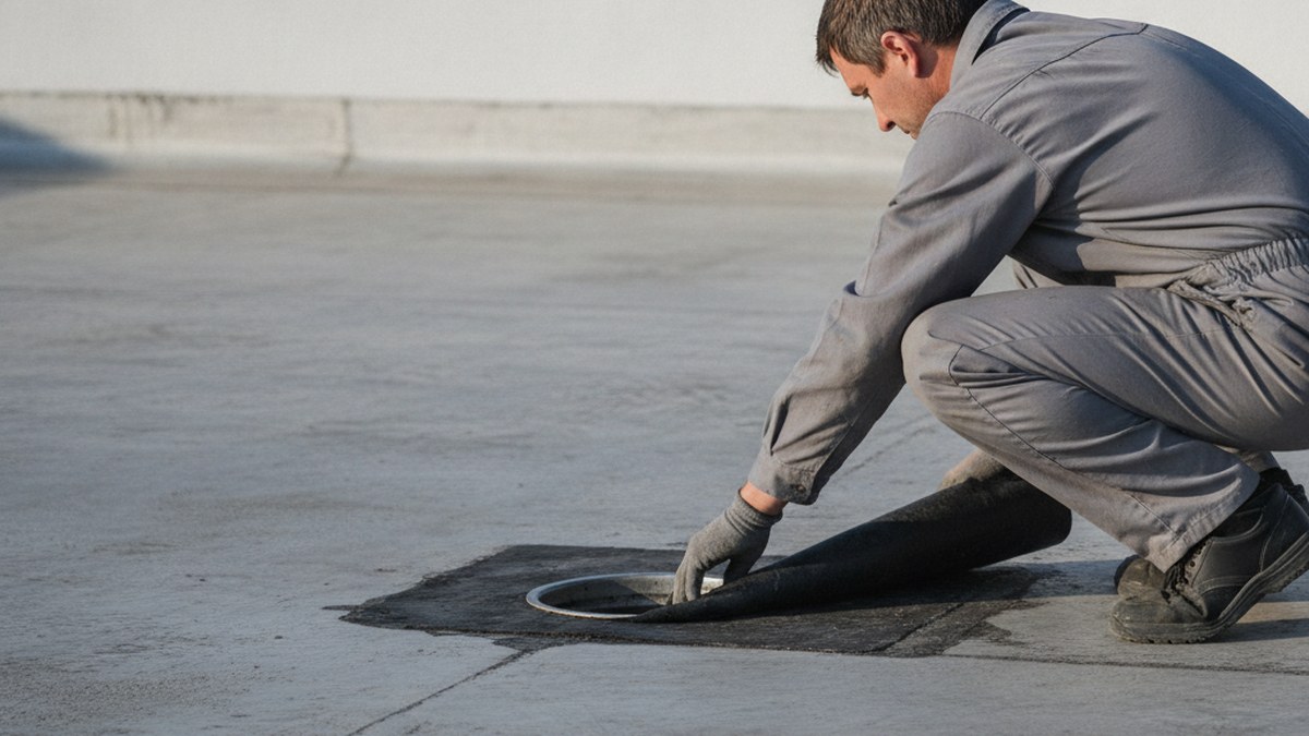 Waterproofing specialist inspecting a flat roof outlet and upstand detail