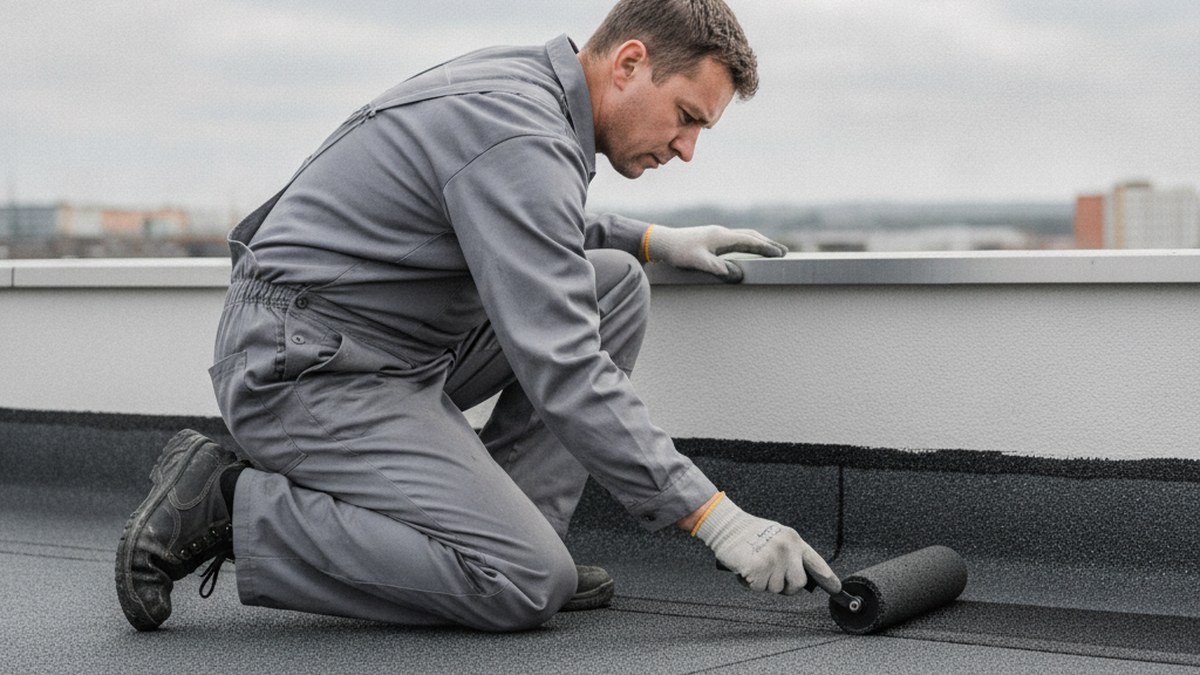 Two-layer bituminous membrane being installed on a flat concrete roof with a 150mm upstand