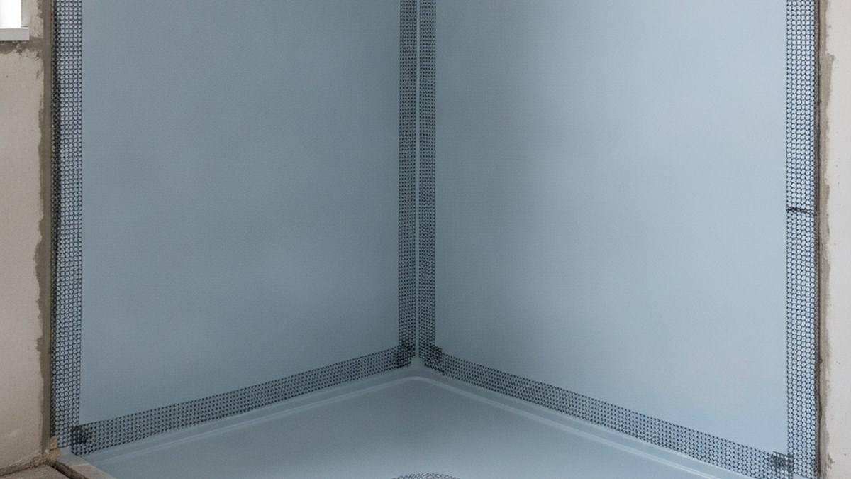 Bonded waterproofing membrane applied to a shower floor and walls before tiling