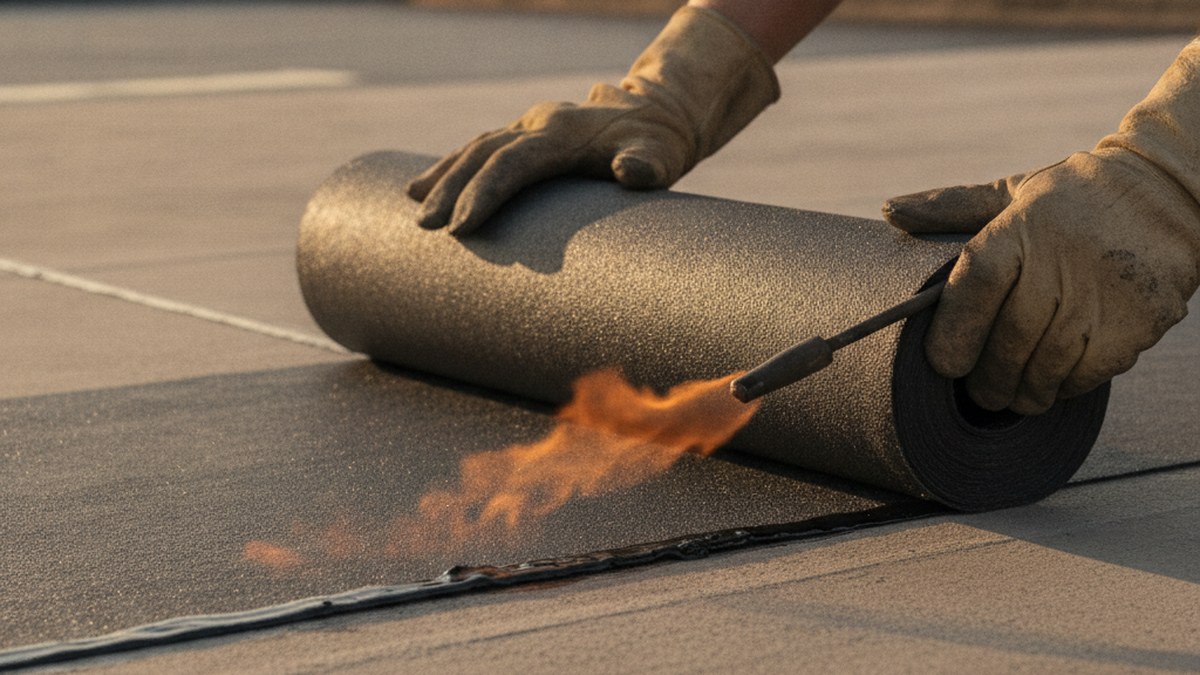 Bituminous torch-on membrane roll being heat-welded onto a primed concrete roof deck