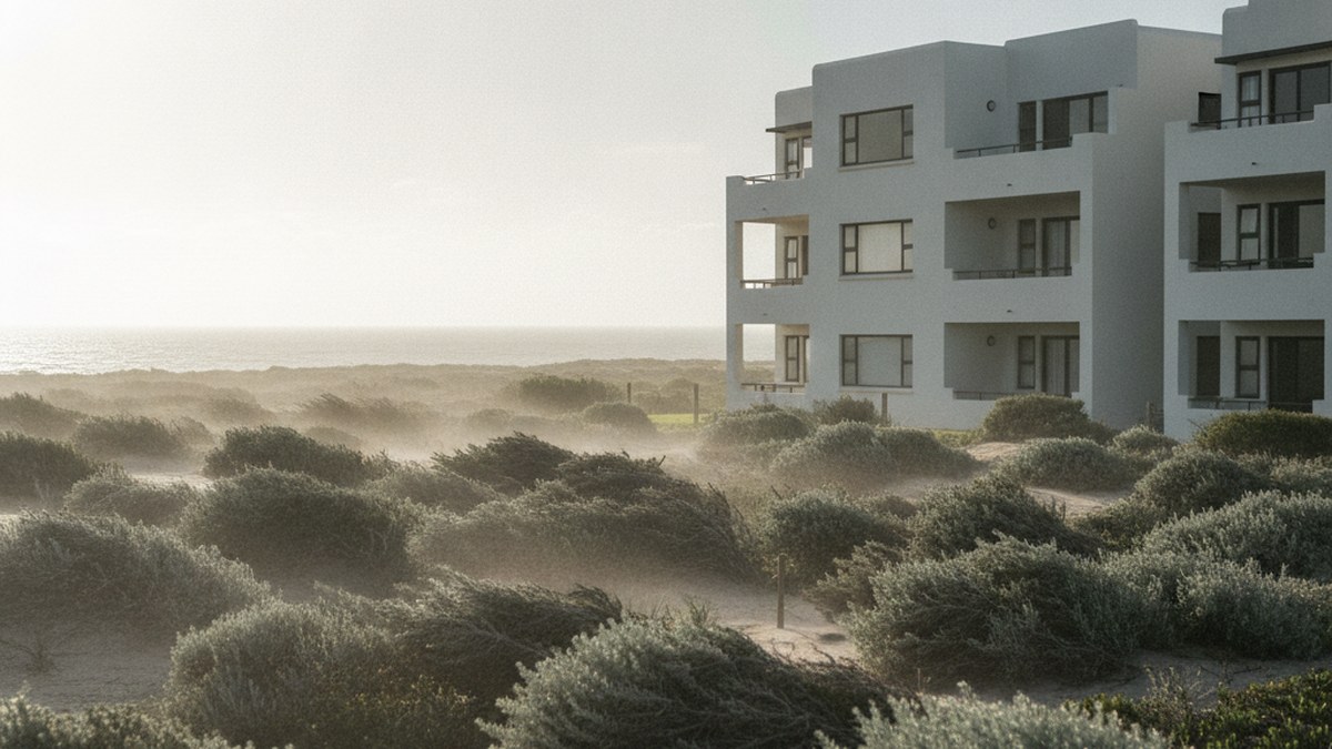 Modern coastal apartment building at Bloubergstrand exposed to wind and salt air